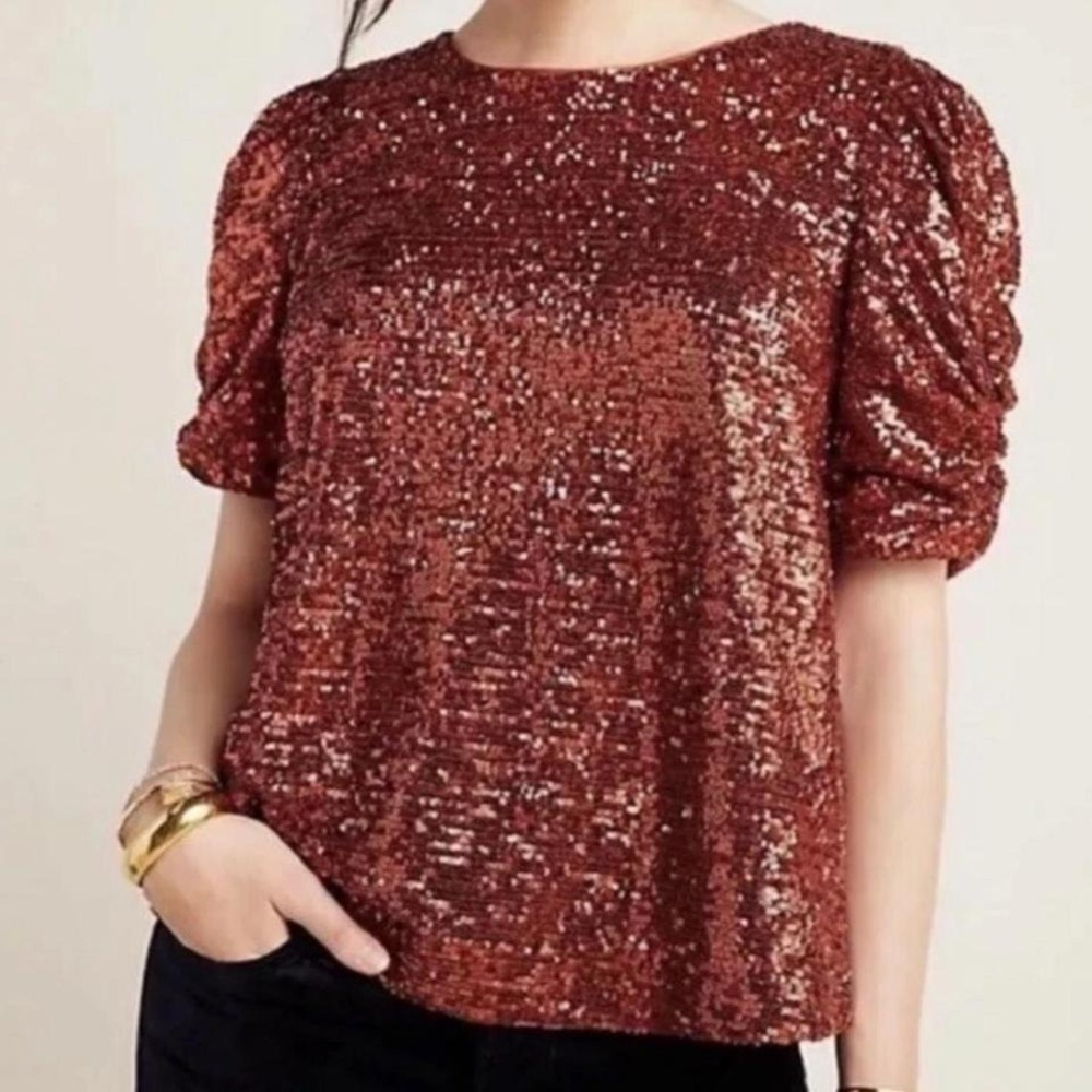 Anthropologie Marie Copper Sequin Puff Sleeve Top Size 2